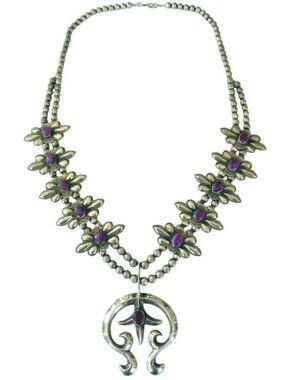Navajo Squash Blossom Necklace Purple Spiny Oyster Sterling Robert Johnson SIGNE